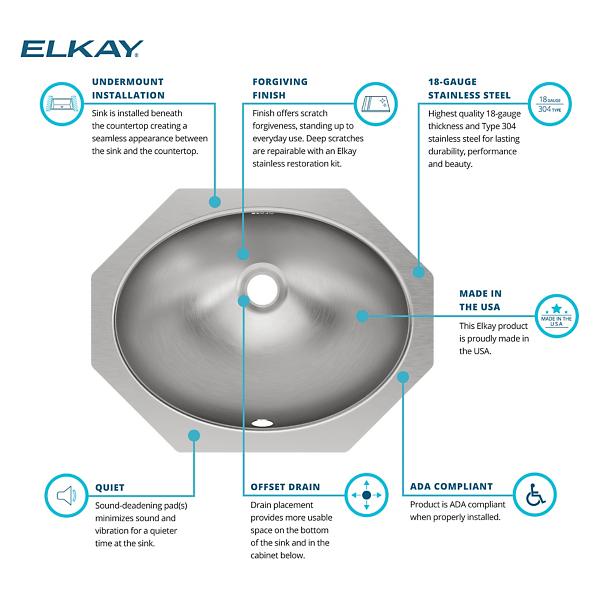 Elkay ELUH1511 Asana® Stainless Steel 18" x 14" x 6" Single Bowl Undermount Bathroom Sink