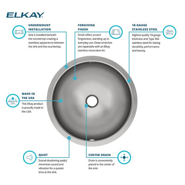 Elkay ELUH16LV Asana Stainless Steel 18-3/8" x 18-3/8" x 8" Single Bowl Undermount Bathroom Sink with Overflow