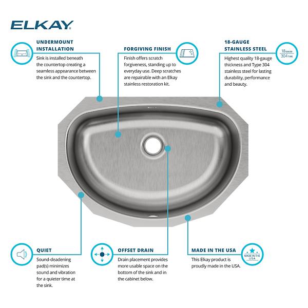 Elkay ELUH1811 Asana® Stainless Steel 19-1/2" x 13-5/16" x 6-1/4" Single Bowl Undermount Bathroom Sink