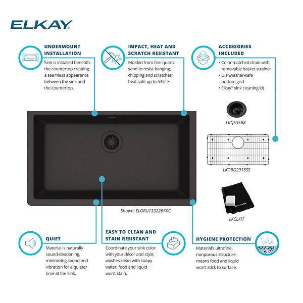 Elkay ELGRU13322C Quartz Classic® 33" x 18-7/16" x 9-7/16" Single Bowl Undermount Sink Kit