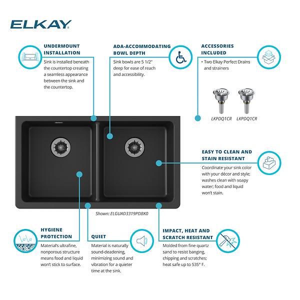 Elkay ELGUAD3319PD Quartz Classic® 33" x 18-1/2" x 5-1/2" Double Bowl Undermount ADA Sink with Perfect Drain®