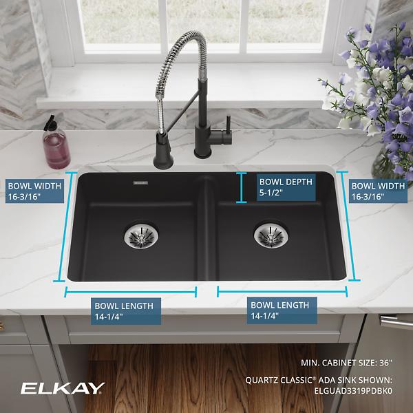 Elkay ELGUAD3319PD Quartz Classic® 33" x 18-1/2" x 5-1/2" Double Bowl Undermount ADA Sink with Perfect Drain®