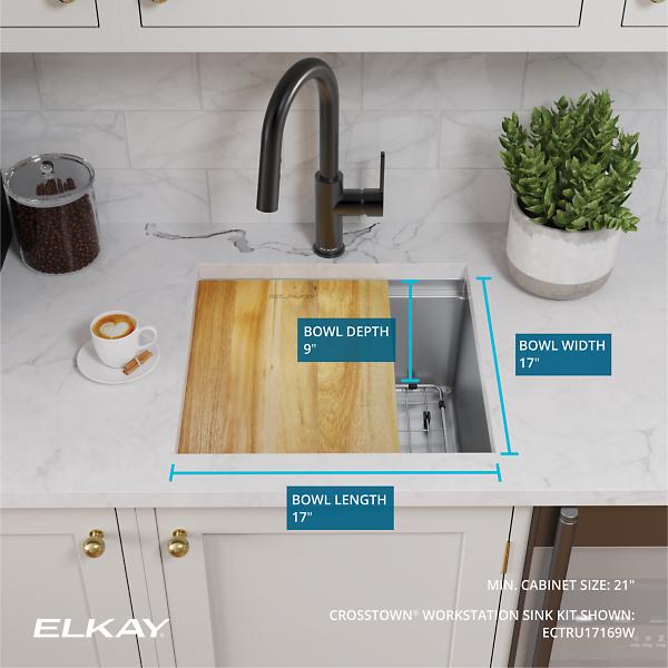 Elkay ECTRU17169W Crosstown® 18 Gauge Workstation Stainless Steel 18-1/2" x 18-1/2" x 8-3/4" Single Bowl Undermount Sink Kit