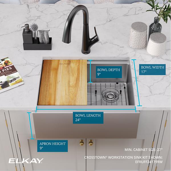 Elkay EFRUFF24179RW Crosstown® 16 Gauge Workstation Stainless Steel 25-7/8" x 20-1/4" x 9-7/16" Single Bowl Farmhouse Sink Kit