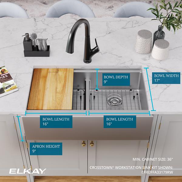 Elkay EFRUFFA33179RW Crosstown® 16 Gauge Workstation Stainless Steel 34-7/8" x 20-1/4" x 9-7/16" Equal Double Bowl Farmhouse Sink Kit with Aqua Divide