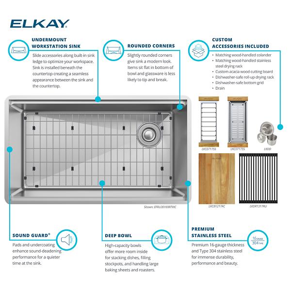 Elkay EFRU30169RTWC Crosstown® 16 Gauge Workstation Stainless Steel, 31-1/2" x 18-1/2" x 9" Single Bowl Undermount Sink Kit