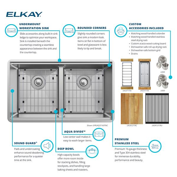 Elkay EFRUAQ31169TWC Crosstown® 16 Gauge Workstation Stainless Steel 31-1/2" x 18-1/2" x 9" Equal Double Bowl Sink Kit with Aqua Divide