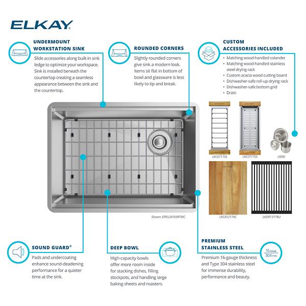 Elkay EFRU24169RTWC Crosstown® 16 Gauge Workstation Stainless Steel 25-1/2" x 18-1/2" x 9" Single Bowl Undermount Sink Kit