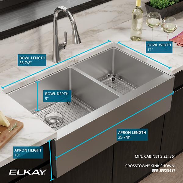 Elkay EFRUFF23417 Crosstown® 16 Gauge Stainless Steel 35-7/8" x 20-1/4" x 9" Double Bowl Tall Farmhouse Sink