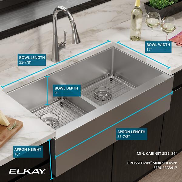 Elkay EFRUFFA3417 Crosstown® 16 Gauge Stainless Steel 35-7/8" x 20-1/4" x 9" Equal Double Bowl Tall Farmhouse Sink with Aqua Divide