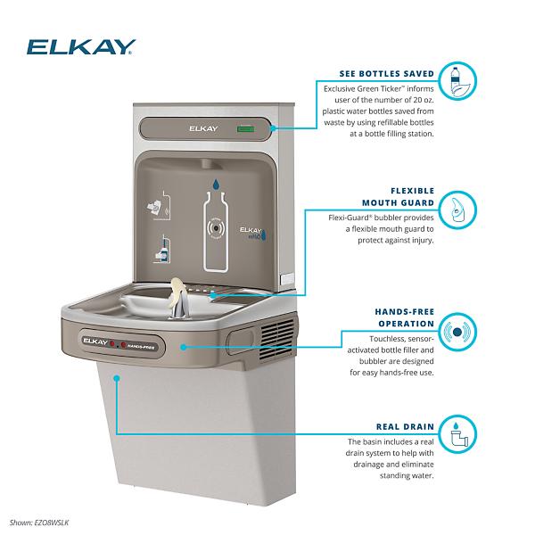 Elkay EZO8WSLK ezH2O® Bottle Filling Station with Single ADA Cooler Hands Free Activation Non-Filtered Refrigerated Light Gray