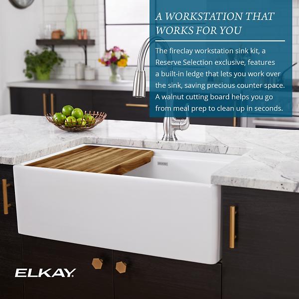 Elkay SWUF13020CBWH Fireclay 30" x 18-13/16" x 9-5/8" Single Bowl Farmhouse Workstation Sink Kit White