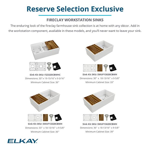 Elkay SWUF13020CBWH Fireclay 30" x 18-13/16" x 9-5/8" Single Bowl Farmhouse Workstation Sink Kit White