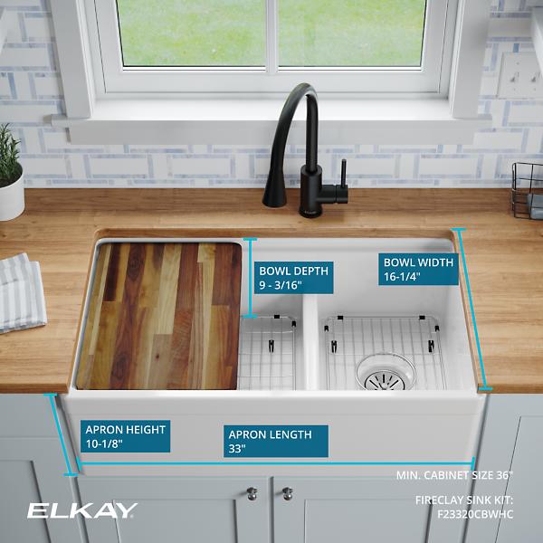 Elkay F23320CBWHC Fireclay 33" x 19-15/16" x 9-1/8" Double Bowl Farmhouse Workstation Sink Kit with Aqua Divide White