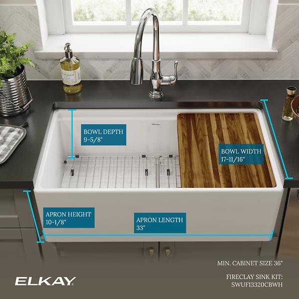 Elkay SWUF13320CBWH Fireclay 33" x 18-13/16" x 9-5/8" Single Bowl Farmhouse Workstation Sink Kit White