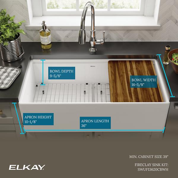 Elkay SWUF13620CBWH Fireclay 36" x 18-13/16" x 9-5/8" Single Bowl Farmhouse Workstation Sink Kit White