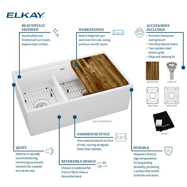 Elkay F23320CBWHC Fireclay 33" x 19-15/16" x 9-1/8" Double Bowl Farmhouse Workstation Sink Kit with Aqua Divide White