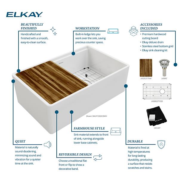 Elkay SWUF13020CBWH Fireclay 30" x 18-13/16" x 9-5/8" Single Bowl Farmhouse Workstation Sink Kit White