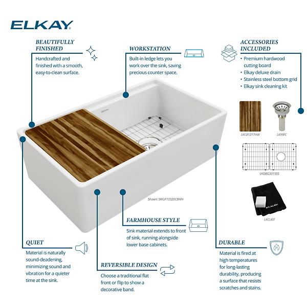 Elkay SWUF13320CBWH Fireclay 33" x 18-13/16" x 9-5/8" Single Bowl Farmhouse Workstation Sink Kit White