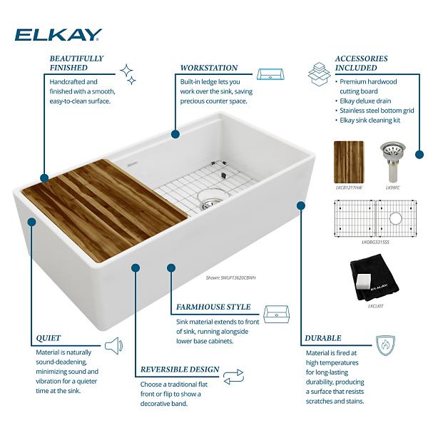 Elkay SWUF13620CBWH Fireclay 36" x 18-13/16" x 9-5/8" Single Bowl Farmhouse Workstation Sink Kit White