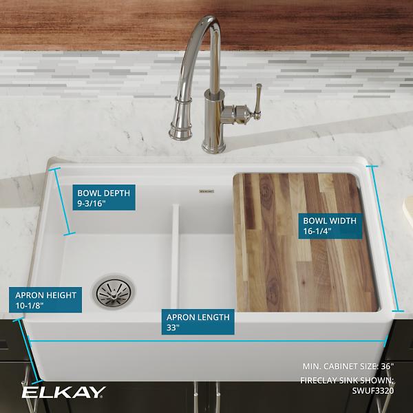 Elkay SWUF3320WH Fireclay 33" x 19-15/16" x 9-3/16" 60/40 Double Bowl Farmhouse Workstation Sink with Aqua Divide White