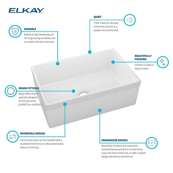 Elkay SWUF28179WHC Fireclay 30" x 19-15/16" x 9-1/8" Single Bowl Farmhouse Sink Kit White