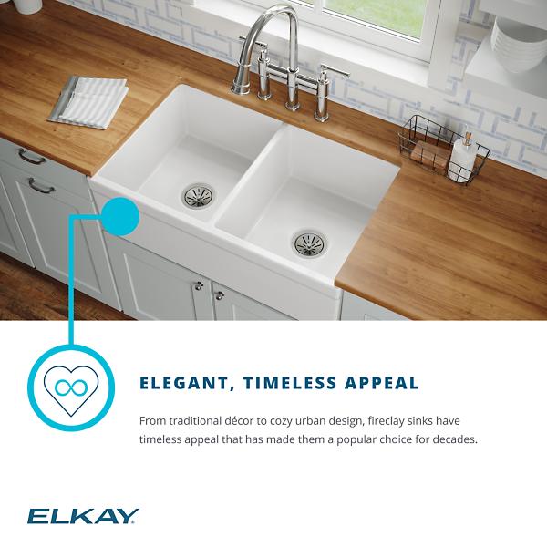 Elkay SWUF32189WHC Fireclay 33" x 19-15/16" x 9" Equal Double Bowl Farmhouse Sink Kit White