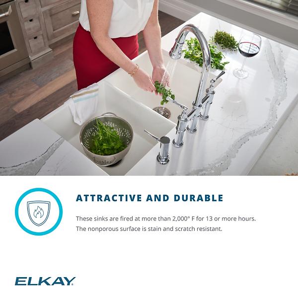Elkay SWUF32189WHC Fireclay 33" x 19-15/16" x 9" Equal Double Bowl Farmhouse Sink Kit White