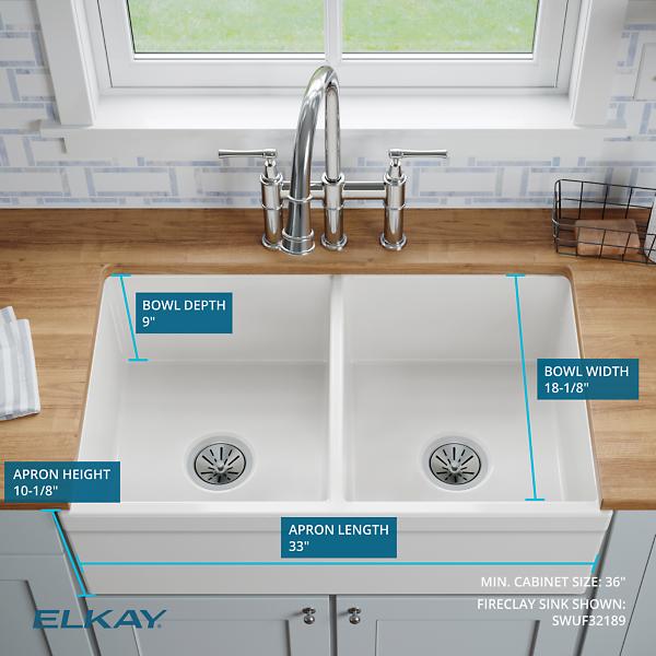 Elkay SWUF32189WHC Fireclay 33" x 19-15/16" x 9" Equal Double Bowl Farmhouse Sink Kit White