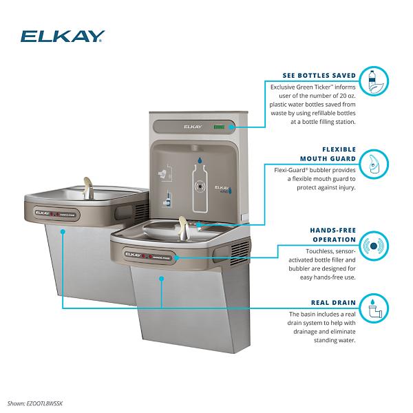 Elkay EZOOTL8WSSK ezH2O® Bottle Filling Station with Bi-Level ADA Cooler Dual Hands Free Activation Non-Filtered Refrigerated Stainless