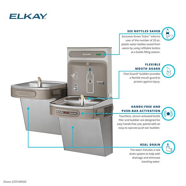 Elkay EZOTL8WSSK ezH2O® Bottle Filling Station with Bi-Level ADA Cooler Hands Free Activation Non-Filtered Refrigerated Stainless