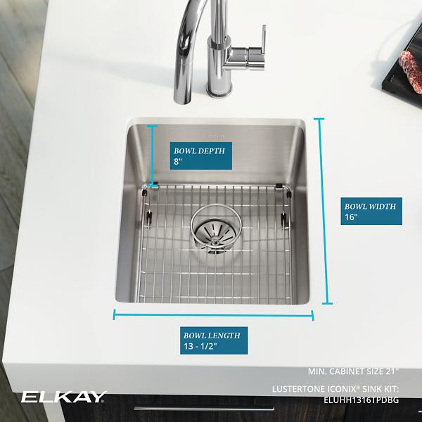 Elkay ELUHH1316TPD Lustertone Iconix® 16 Gauge Stainless Steel, 16" x 18-1/2" x 8" Single Bowl Undermount Sink with Perfect Drain®