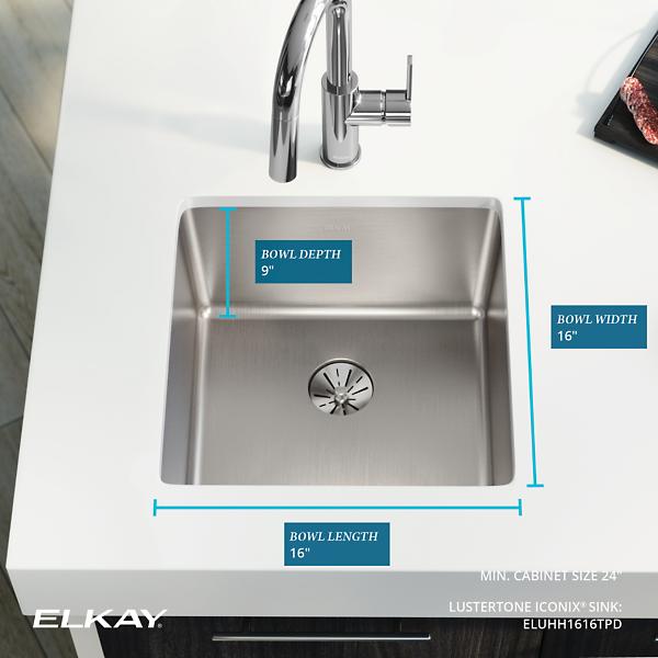 Elkay ELUHH1616TPD Lustertone Iconix® 16 Gauge Stainless Steel 18-1/2" x 18-1/2" x 9" Single Bowl Undermount Sink with Perfect Drain®