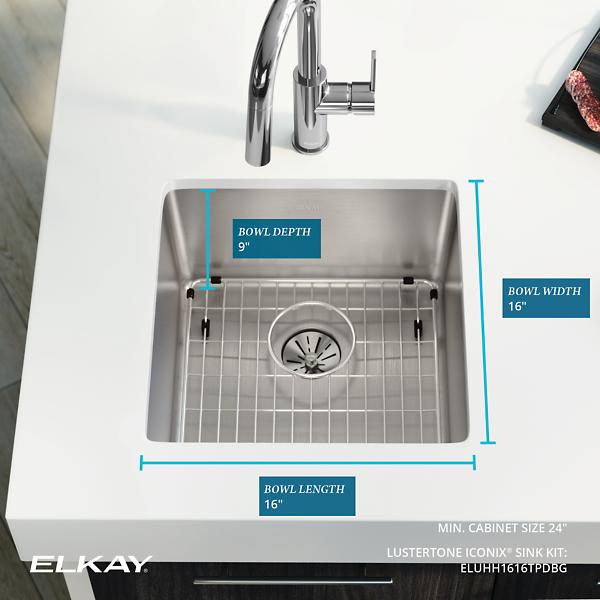 Elkay ELUHH1616TPDBG Lustertone Iconix® 16 Gauge Stainless Steel 18-1/2" x 18-1/2" x 9" Single Bowl Undermount Sink Kit with Perfect Drain®