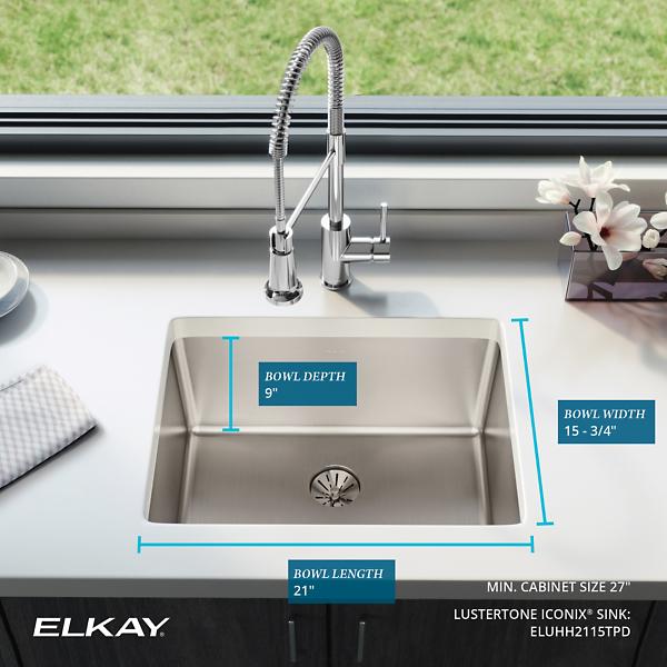 Elkay ELUHH2115TPD Lustertone Iconix® 16 Gauge Stainless Steel, 23-1/2" x 18-1/4" x 9" Single Bowl Undermount Sink with Perfect Drain®