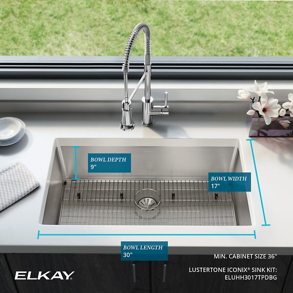 Elkay ELUHH3017TPDBG Lustertone Iconix® 16 Gauge Stainless Steel 32-1/2 x 19-1/2" x 9" Single Bowl Undermount Sink Kit with Perfect Drain®