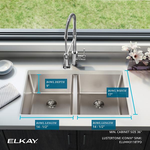 Elkay ELUHH3118TPD Lustertone Iconix® 16 Gauge Stainless Steel, 32-3/4" x 19-1/2" x 9" Double Bowl Undermount Sink with Perfect Drain®