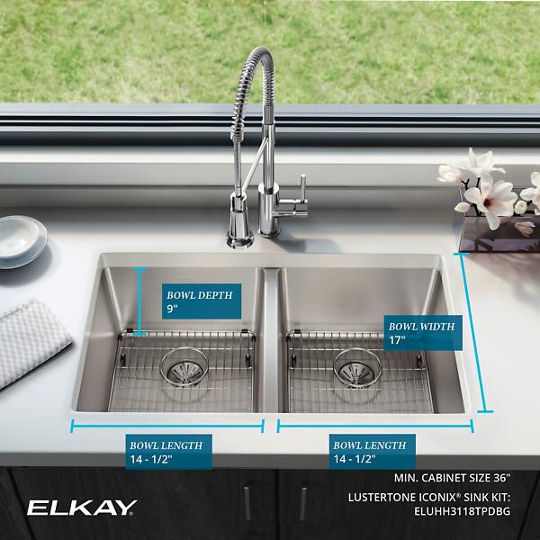 Elkay ELUHH3118TPDBG Lustertone Iconix® 16 Gauge Stainless Steel 32-3/4" x 19-1/2" x 9" Double Bowl Undermount Sink Kit with Perfect Drain®