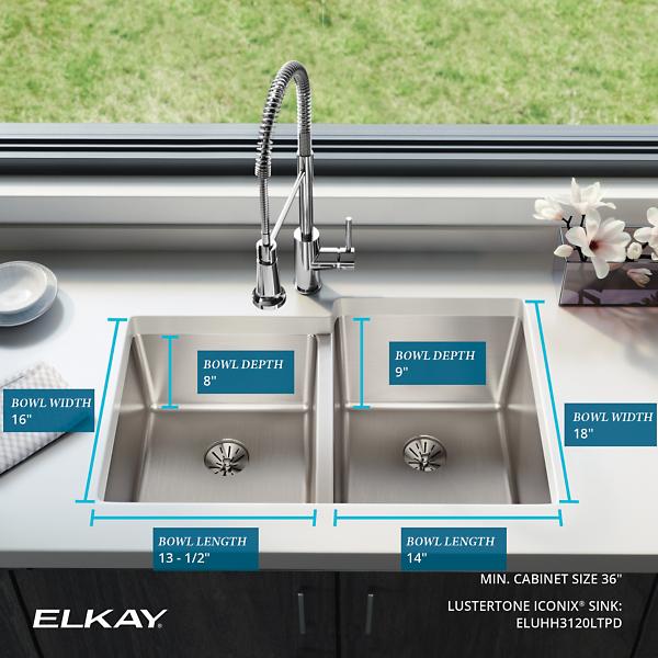 Elkay ELUHH3120LTPD Lustertone Iconix® 16 Gauge Stainless Steel 31-1/4" x 20-1/2" x 9" Double Bowl Undermount Sink with Left Perfect Drain®