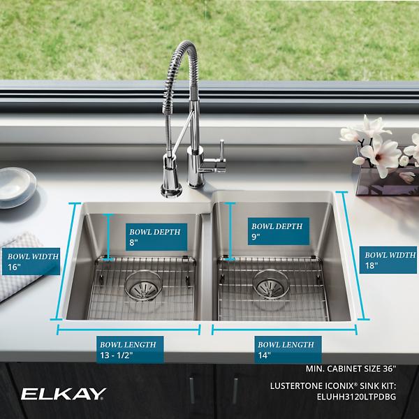 Elkay ELUHH3120LTPDBG Lustertone Iconix® 16 Gauge Stainless Steel 31-1/4" x 20-1/2" x 9" Double Bowl Undermount Sink Kit with Left Perfect Drain®