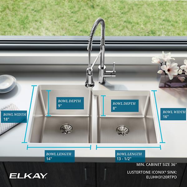 Elkay ELUHH3120RTPD Lustertone Iconix® 16 Gauge Stainless Steel 31-1/4" x 20-1/2" x 9" Double Bowl Undermount Sink with Right Perfect Drain®