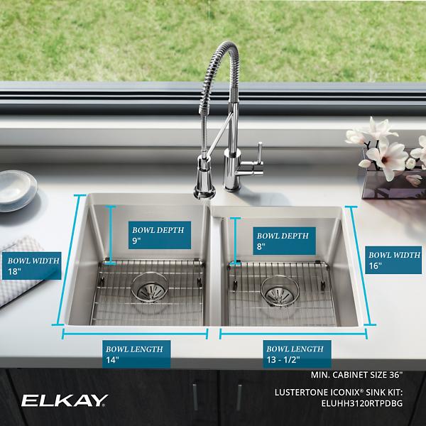 Elkay ELUHH3120RTPDBG Lustertone Iconix® 16 Gauge Stainless Steel 31-1/4" x 20-1/2" x 9" Double Bowl Undermount Sink Kit with Right Perfect Drain®