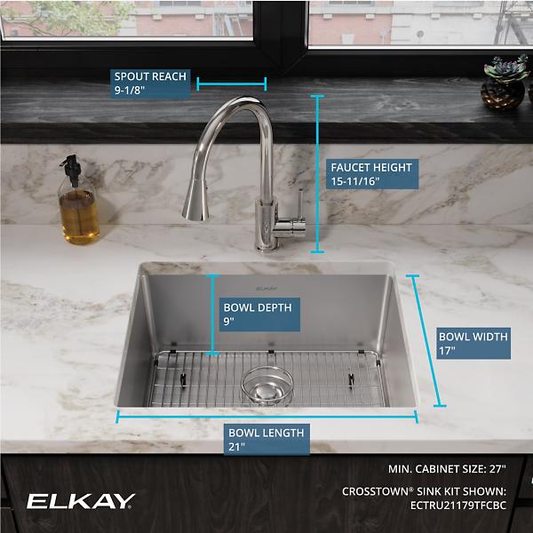 Elkay ECTRU21179TFCBC Crosstown® 18 Gauge Stainless Steel 22-1/2" x 18-1/2" x 9" Single Bowl Undermount Sink & Faucet Kit with Bottom Grid & Drain