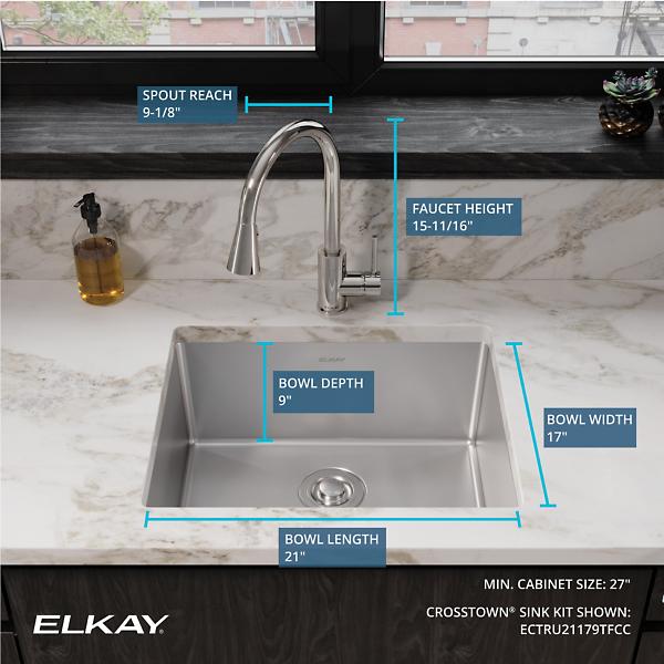 Elkay ECTRU21179TFCC Crosstown® 18 Gauge Stainless Steel 22-1/2" x 18-1/2" x 9" Single Bowl Undermount Sink & Faucet Kit with Drain