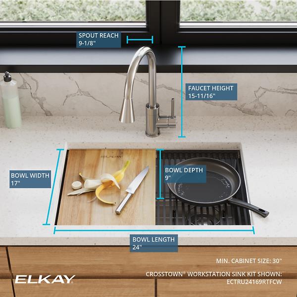 Elkay ECTRU24169RTFCW Crosstown® 18 Gauge Workstation Stainless Steel 25-1/2" x 18-1/2" x 9" Single Bowl Undermount Sink & Faucet Kit