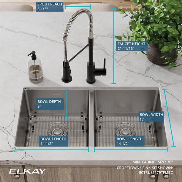 Elkay ECTRU31179TFMBC Crosstown® 18 Gauge Stainless Steel 31-1/2" x 18-1/2" x 9" Equal Double Bowl Undermount Sink & Faucet Kit with Bottom Grid & Drain