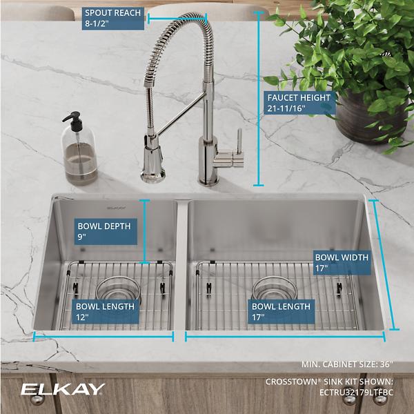 Elkay ECTRU32179LTFBC Crosstown® 18 Gauge Stainless Steel 31-1/2" x 18-1/2" x 9" 40/60 Double Bowl Undermount Sink & Faucet Kit with Bottom Grid & Drain