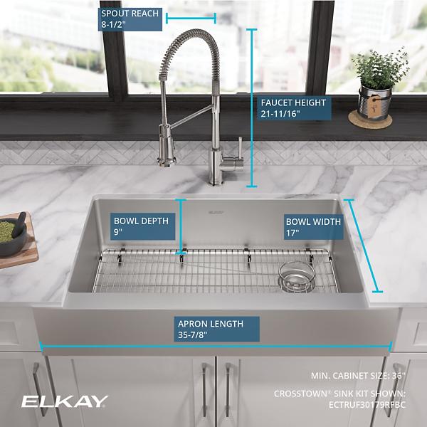 Elkay ECTRUF30179RFBC Crosstown® 18 Gauge Stainless Steel 35-7/8" x 20-1/4" x 9" Single Bowl Farmhouse Sink & Faucet Kit with Bottom Grid & Drain