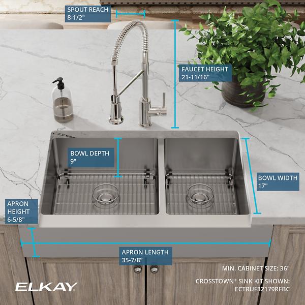 Elkay ECTRUF32179RFBC Crosstown® 18 Gauge Stainless Steel 35-7/8" x 20-1/4" x 9" 60/40 Double Bowl Farmhouse Sink & Faucet Kit with Bottom Grid & Drain