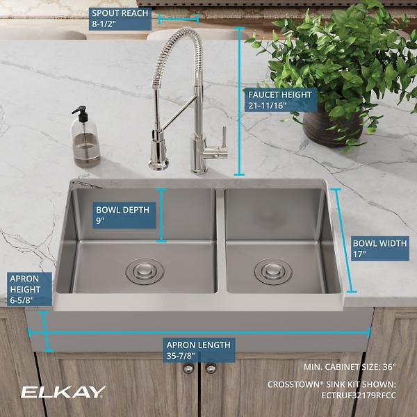 Elkay ECTRUF32179RFCC Crosstown® 18 Gauge Stainless Steel 35-7/8" x 20-1/4" x 9" 60/40 Double Bowl Farmhouse Sink & Faucet Kit with Drain